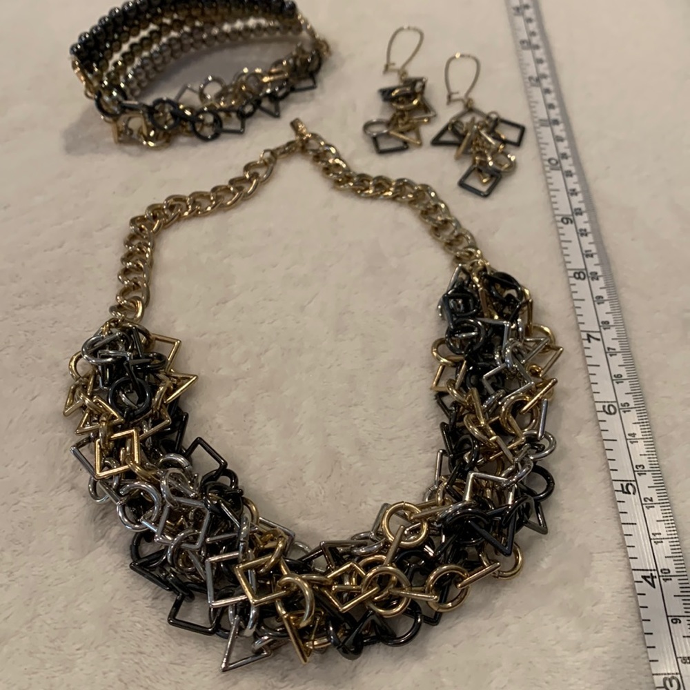 Lane Bryant necklace, earring, bracelet set. Tricolor multi mix metal